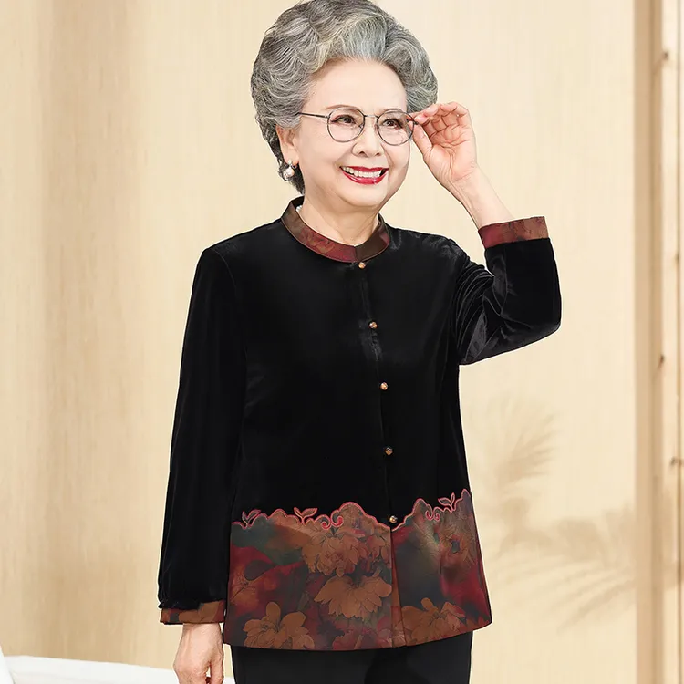 中老年春秋季女装妈妈高档金丝绒外套老人阔太太上衣服奶奶装新款