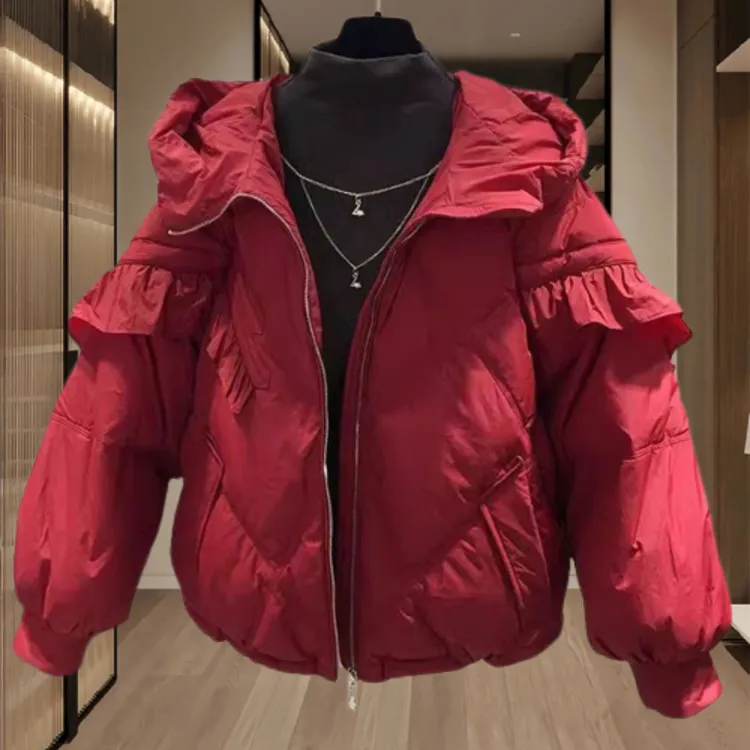 新年战袍红色休闲短款菱格棉服女大码宽松胖mm显瘦荷叶袖棉衣外套