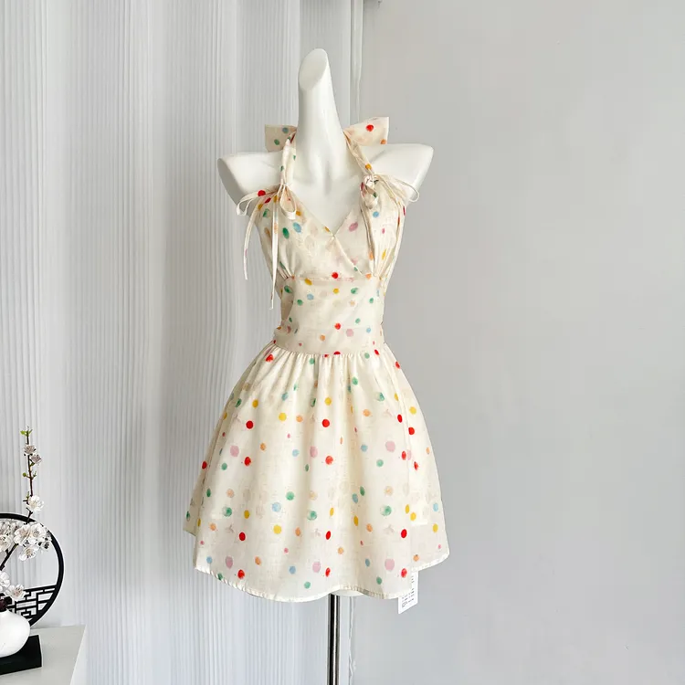 彩虹糖豆 波点挂脖连衣裙2024夏季新款小个子