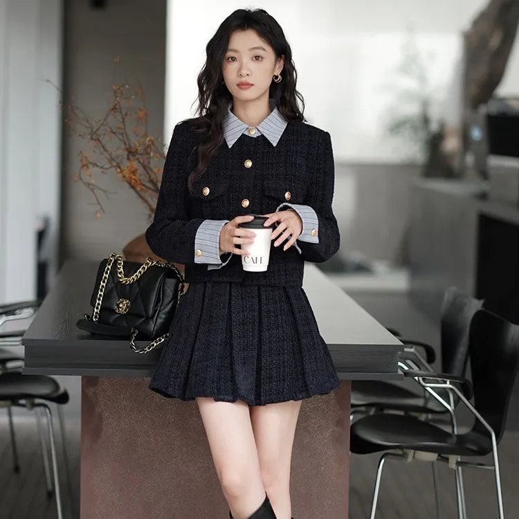 两件套女秋冬新款加厚小香风拼接短款夹棉外套高腰遮跨百褶裙套装