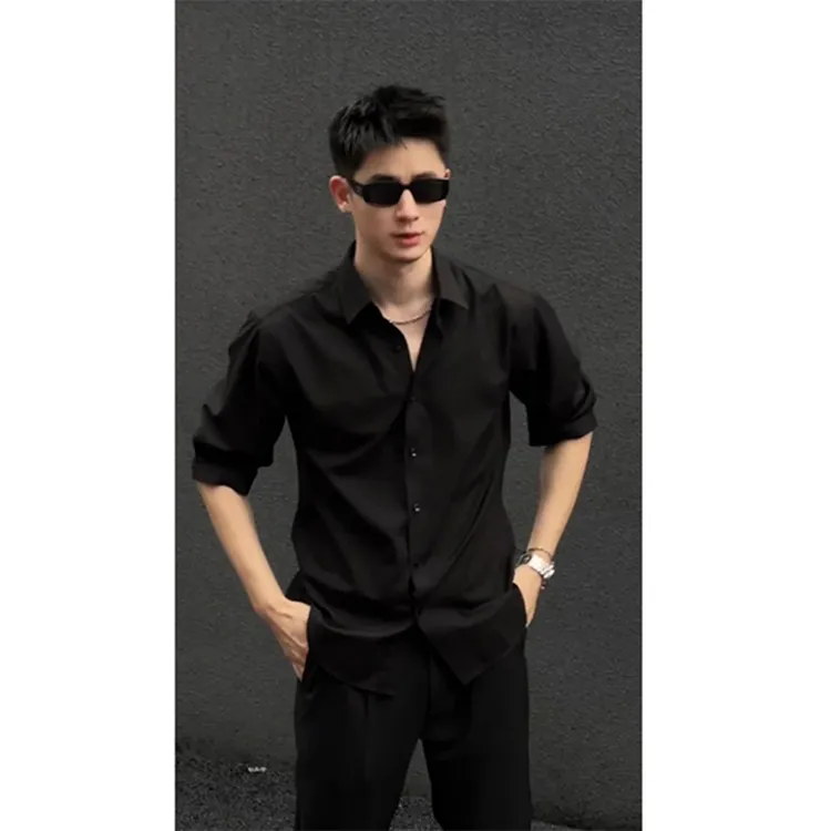 黑色长袖衬衫男高级感痞帅潮流西装衬衣claeanfit轻熟风上衣外套