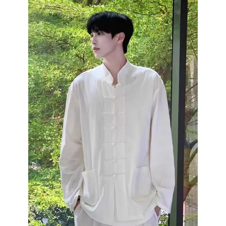 新中式男装国风盘扣衬衫男款长袖白色太极唐装茶服衬衣夏季薄外套