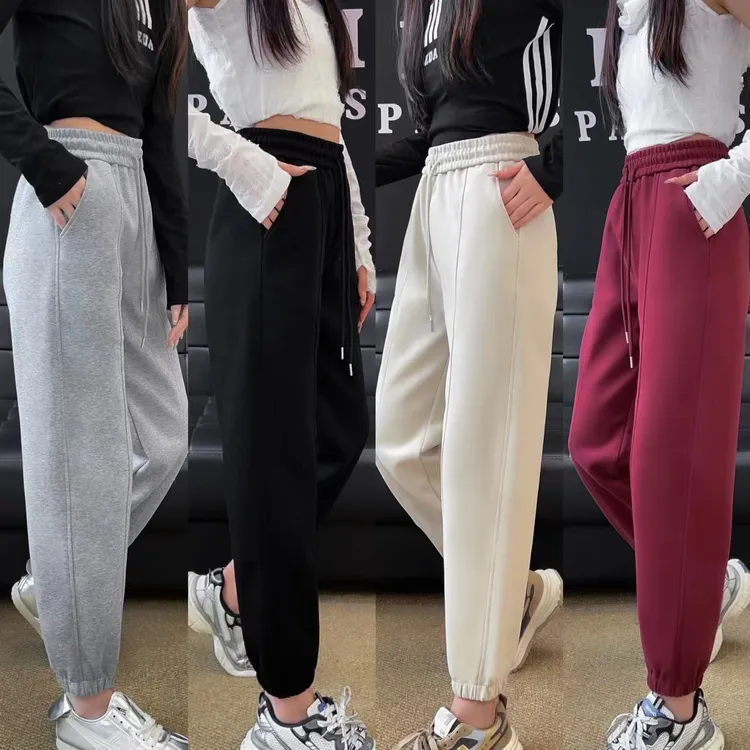 7721-拼接款-爆款秋季宽松抽绳运动裤纯色显瘦束脚休闲裤卫裤