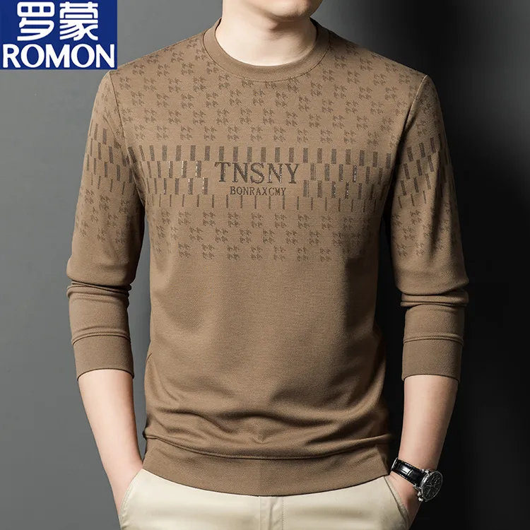罗蒙春秋季新款男士长袖T恤印花时尚打底衫加绒保暖休闲宽松潮男t