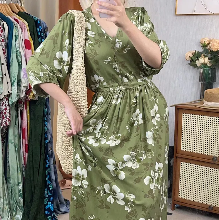 2025新款棉绸连衣裙显高显瘦人造棉蛋糕裙绵绸仙女裙印花长款睡裙