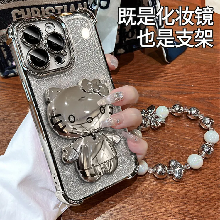 KT猫镜子支架适用于苹果15手机壳简约华为/oppo/vivo电镀防摔创意