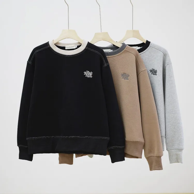 2024新款秋冬领子撞色加厚加绒卫衣女 韩版休闲圆领刺绣女士卫衣