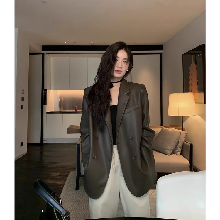 咖色皮衣外套女2025年秋冬新款宽松西装复古百搭气质西服设计感潮