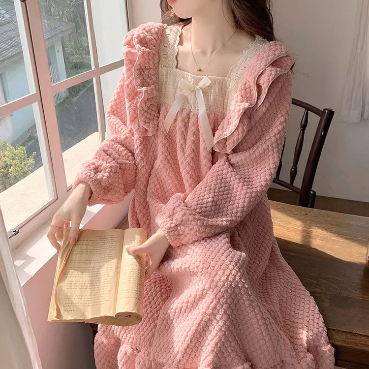 高颜值可外出洋气秋冬睡衣女网红爆款2023新款高档加厚珊瑚绒睡裙