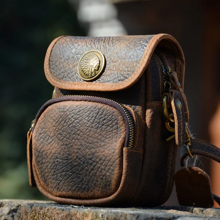 原创牛皮复古小方包新款男斜挎包多功能腰包穿皮带疯马牛皮手机包