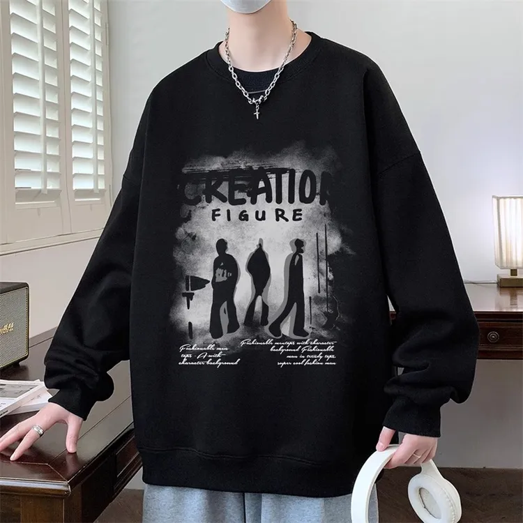 加肥加大码300斤美式复古高街圆领卫衣男秋冬加绒厚宽松长袖上衣