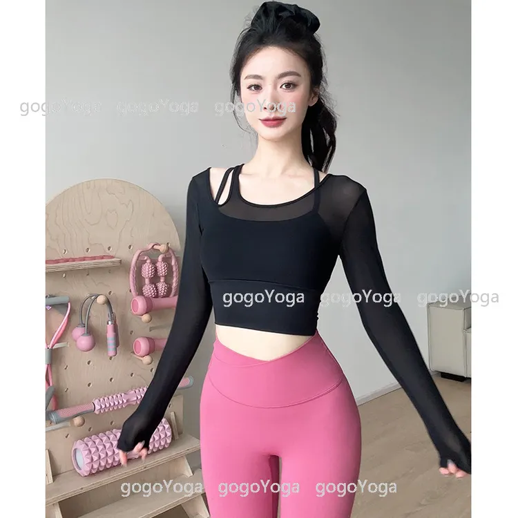 gogoyoga瑜伽长袖女带胸垫网纱假两件上衣单肩镂空两穿跑步健身服