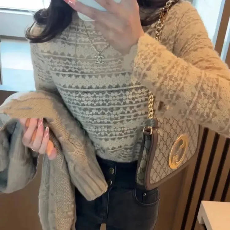 蕾丝衫半高领镂空蕾丝秋冬气质打底衫设计感洋气时尚百搭长袖