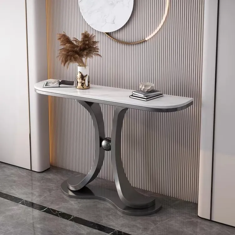 靠墙超窄可选轻奢玄关桌半圆岩板客厅条案进门端景台新中式玄关台