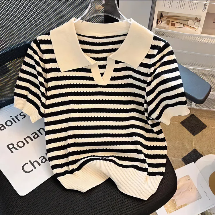 909#夏季polo领挑孔透气大码针织短袖胖妹m宽松显瘦冰丝上衣(2)