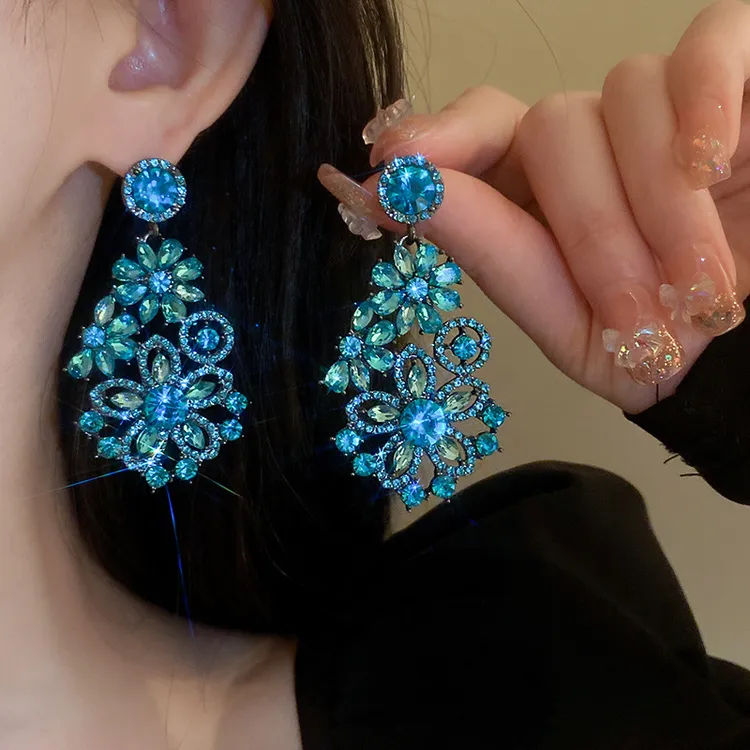 铜合金耳饰 蓝色镶钻花朵耳环夸张设计复古耳坠新款时尚气质耳饰
