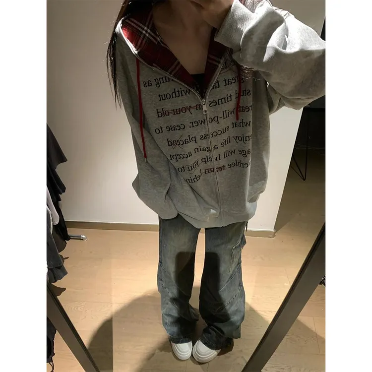 美式复古格子薄款连帽卫衣女oversize春秋潮牌设计感灰色运动外套