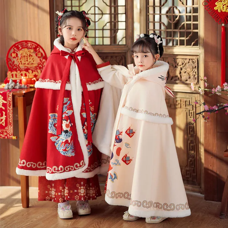 女童汉服披风中国风斗篷外出儿童加绒加厚毛披肩保暖外套红色冬季