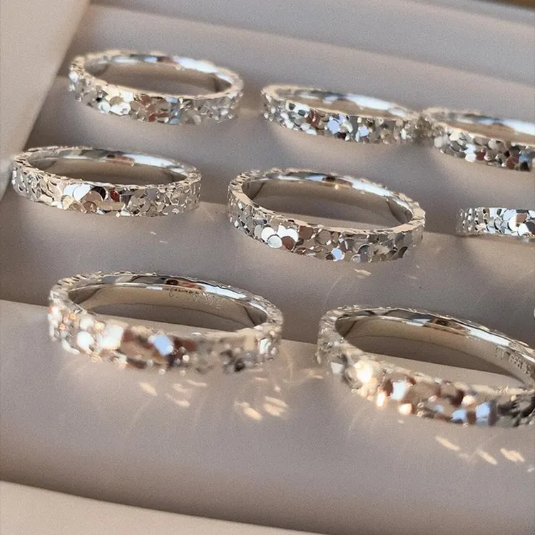 足银戒指 足银9999三面碎冰冰闭口戒指女轻奢高级感爆闪纯银指环