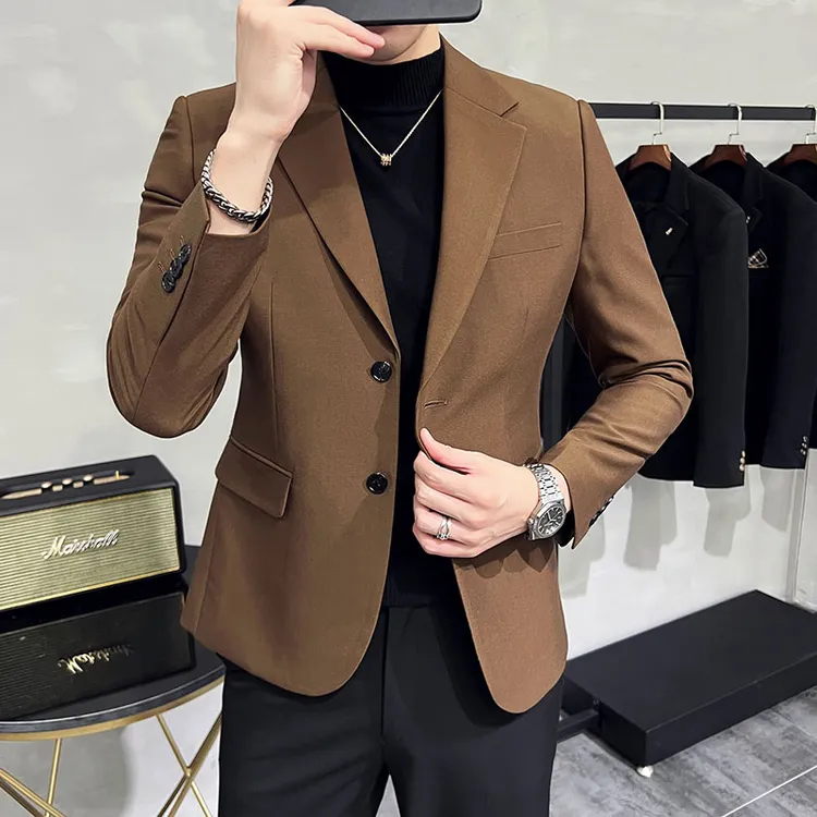 英伦时尚高端平驳领西服外套潮流男士单西修身商务休闲帅气小西装