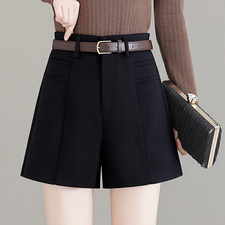 毛呢短裤女秋冬季2024新款高腰宽松a字外穿显瘦加厚西装阔腿裤子