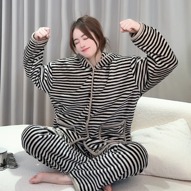 HAREECISU【线条旋律】DR条纹睡衣冬季加厚保暖休闲家居睡衣冬款女