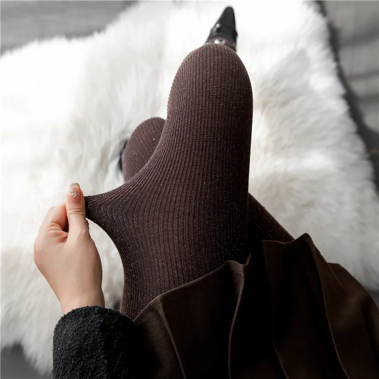 美拉德咖色连裤袜女竖条银丝袜秋冬外穿打底袜加厚黑色灰色打底裤