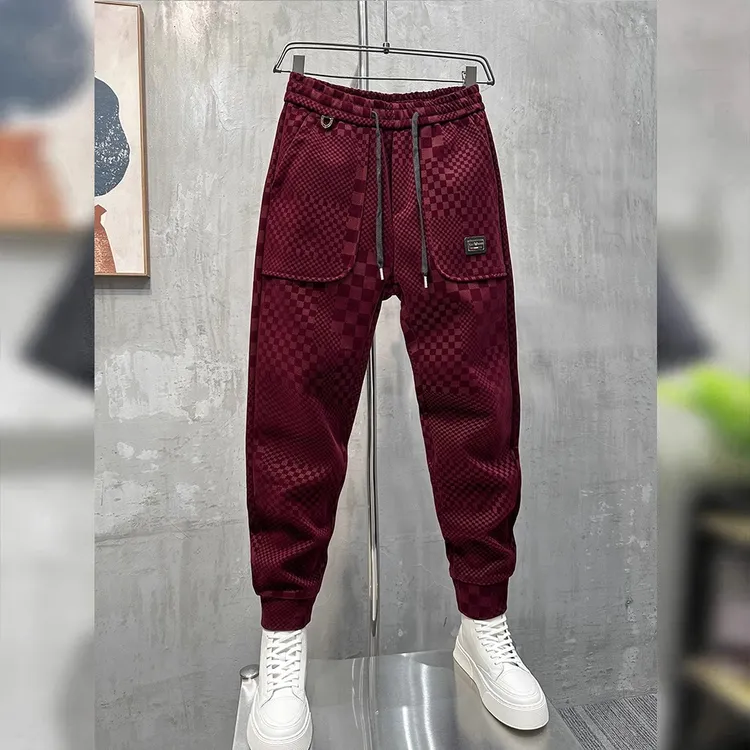 伦敦商圈高定直筒新款欧货男士潮流抽绳高品质轻奢千鸟格百搭卫裤