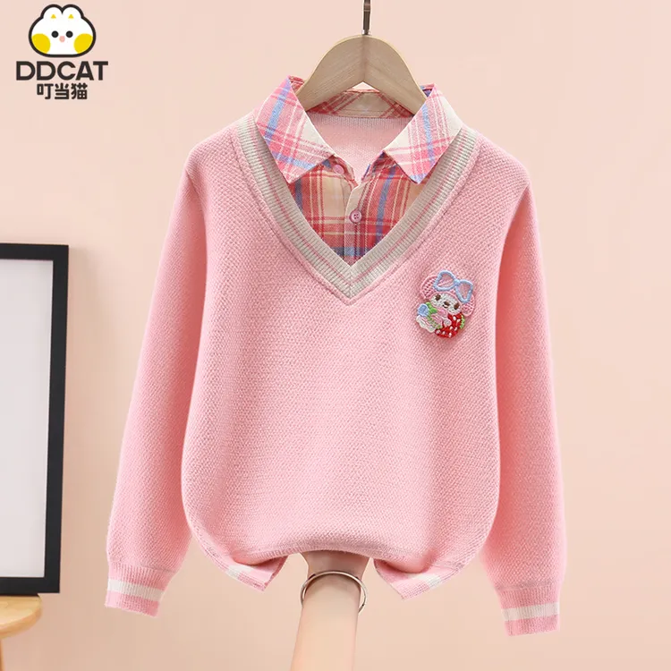 叮当猫女童毛衣假两件秋冬装2025新款中大童女孩翻领一体绒打底衫