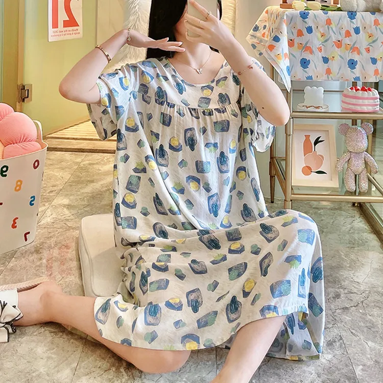 绵绸加长款棉绸睡裙女士短袖加大码睡衣夏季甜美人造棉布家居睡衣