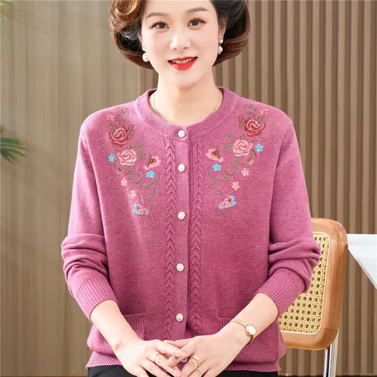 中老年女装春秋针织外套女宽松妈妈中年厚款开衫奶奶装圆领对襟衫