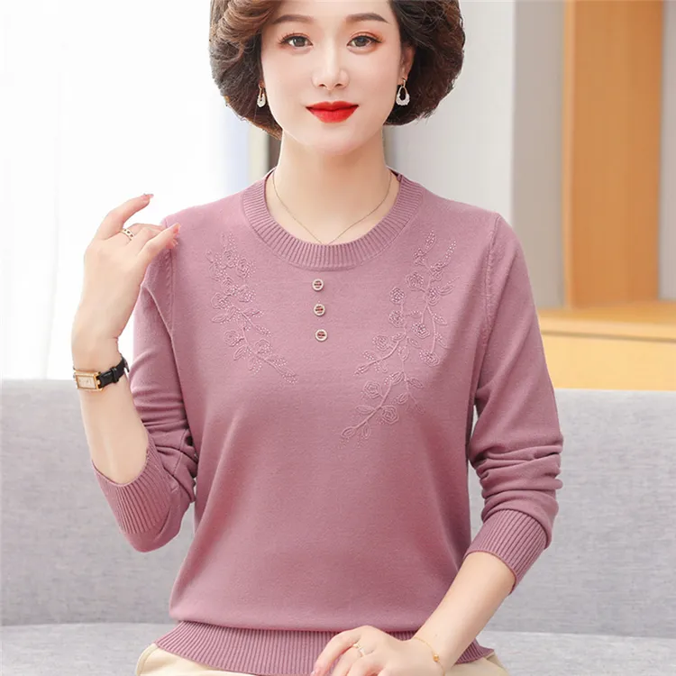 中年妈妈装气质针织小衫春秋新款长袖上衣宽松薄款毛衣秋装打底衫