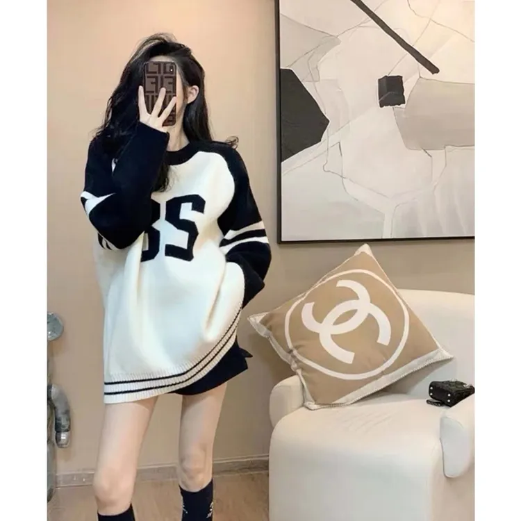 网红慵懒风卫衣女春秋撞色拼接圆领宽松时尚设计感百搭条纹休闲潮