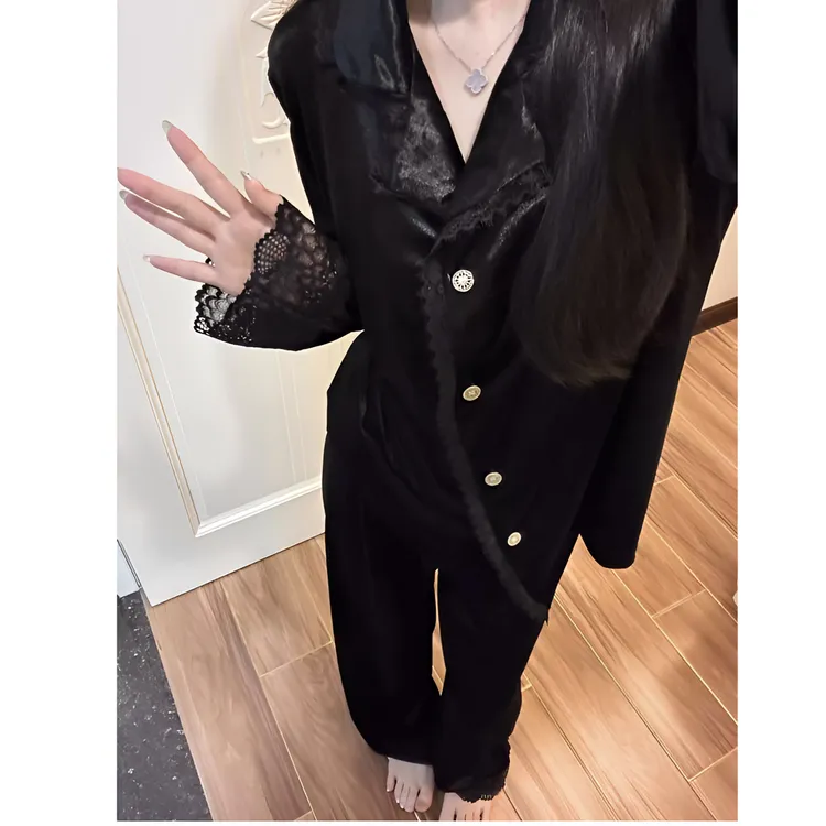 纯欲黑色蕾丝拼接金丝绒睡衣女冬季2025新款家居服大码套装可外穿