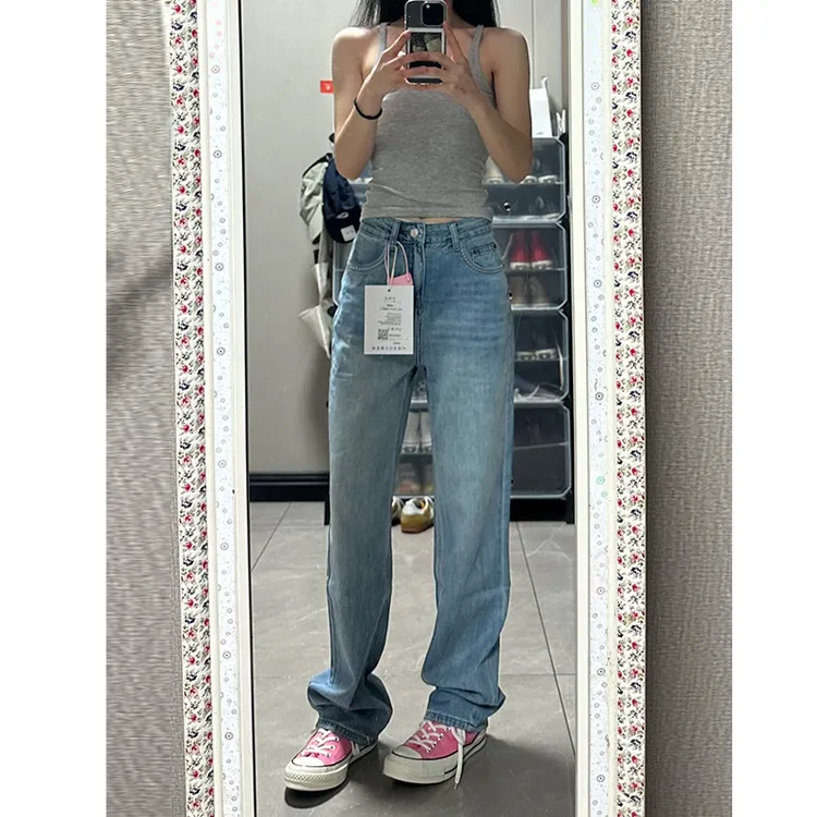 阔腿牛仔裤女爆款2025新款秋季高腰显瘦垂感小个子浅色窄版直筒裤