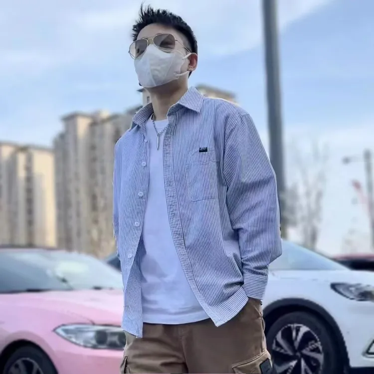 蓝色条纹日系潮流休闲长袖衬衣微宽松bf男友风青少年纯棉衬衫男