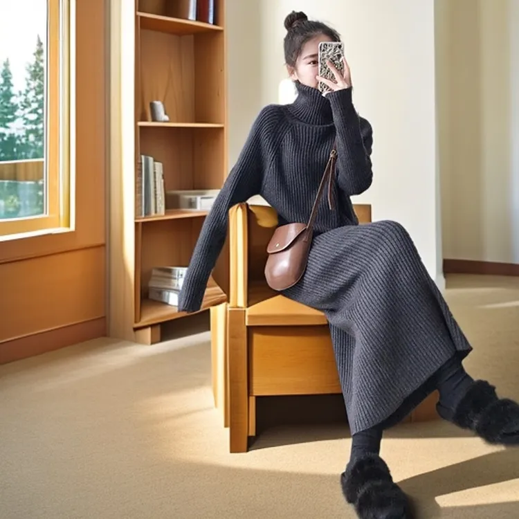 长款毛衣裙女士过膝加厚秋冬宽松保暖针织內搭连衣裙长款高領毛衣