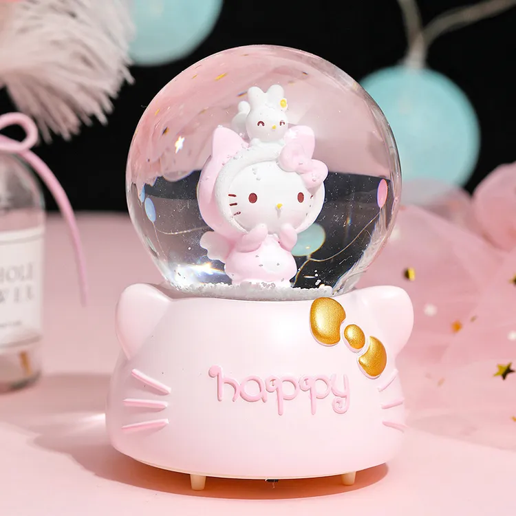 可爱凯蒂猫KT猫咪雪花创意音乐盒水晶球摆件小女孩儿童生日礼物