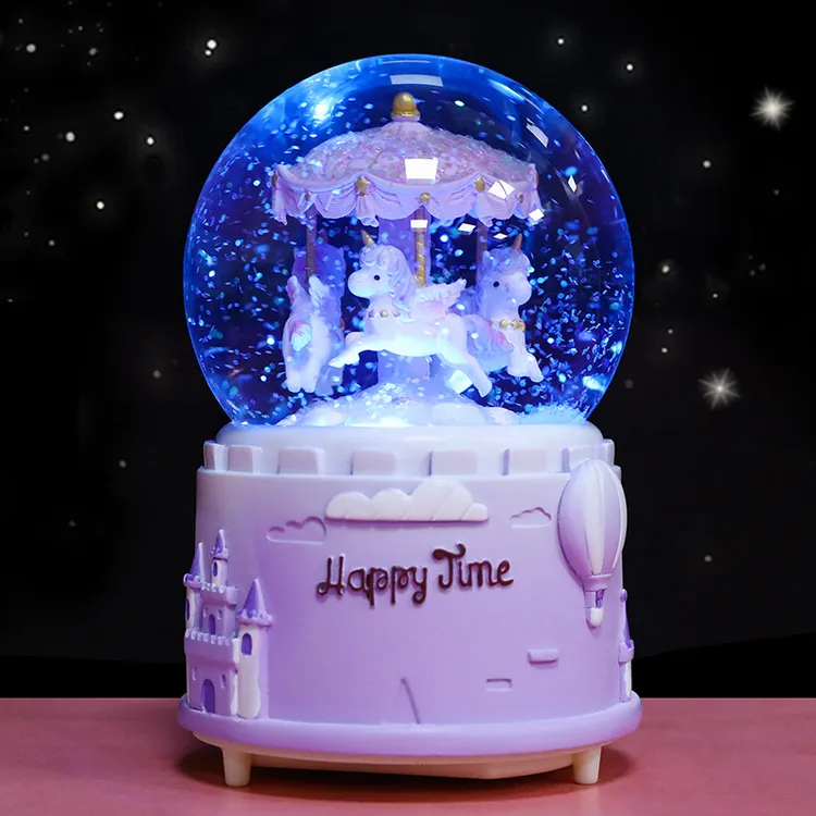 创意旋转木马公主发光飘雪花水晶球音乐盒八音盒儿童女孩生日礼物