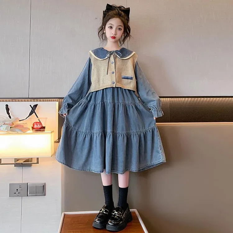 女童裙子春秋款2025新款洋气大童网红时髦儿童春装马甲牛仔连衣裙