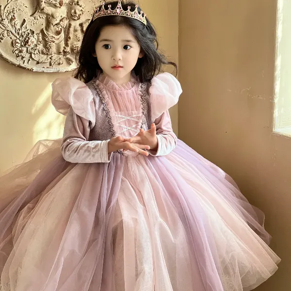 长发公主乐佩粉色花童蓬蓬女童高端气质公主裙长袖生日礼服公主裙