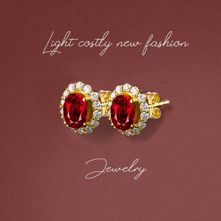 合金耳饰 甜美轻奢925纯银耳钉镀金镶嵌红石锆石耳饰银饰耳环