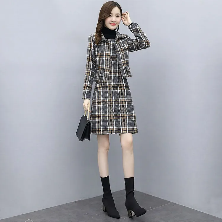 春秋套装格子连衣裙两件套女韩版时尚气质显瘦收腰洋气中长裙套装