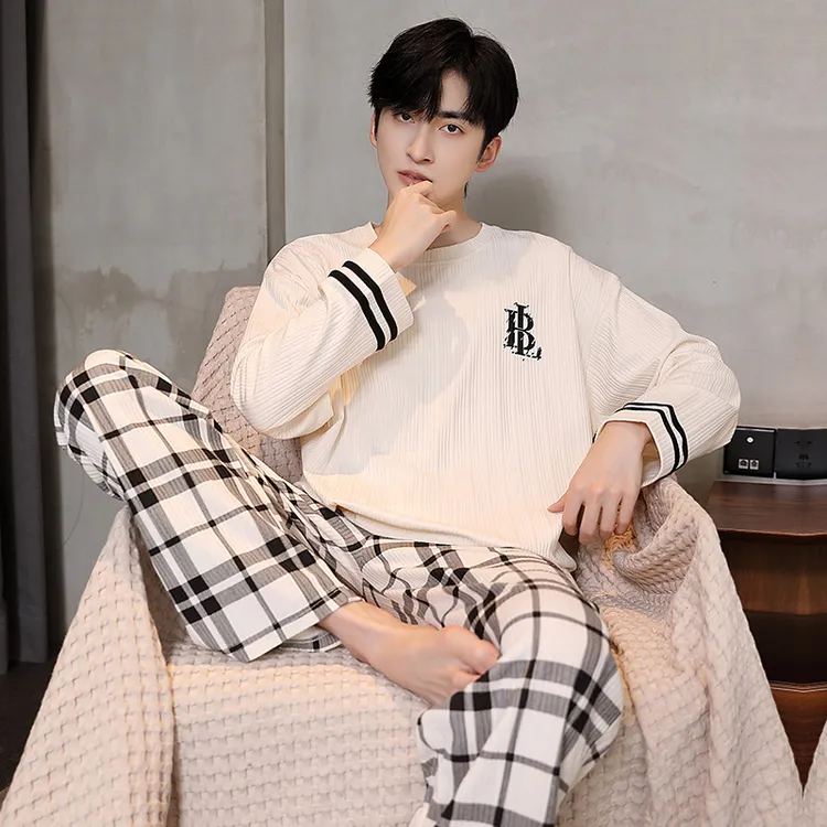 春秋季男士睡衣休闲长袖宽松长裤春秋冬男款大码可外穿家居服套装