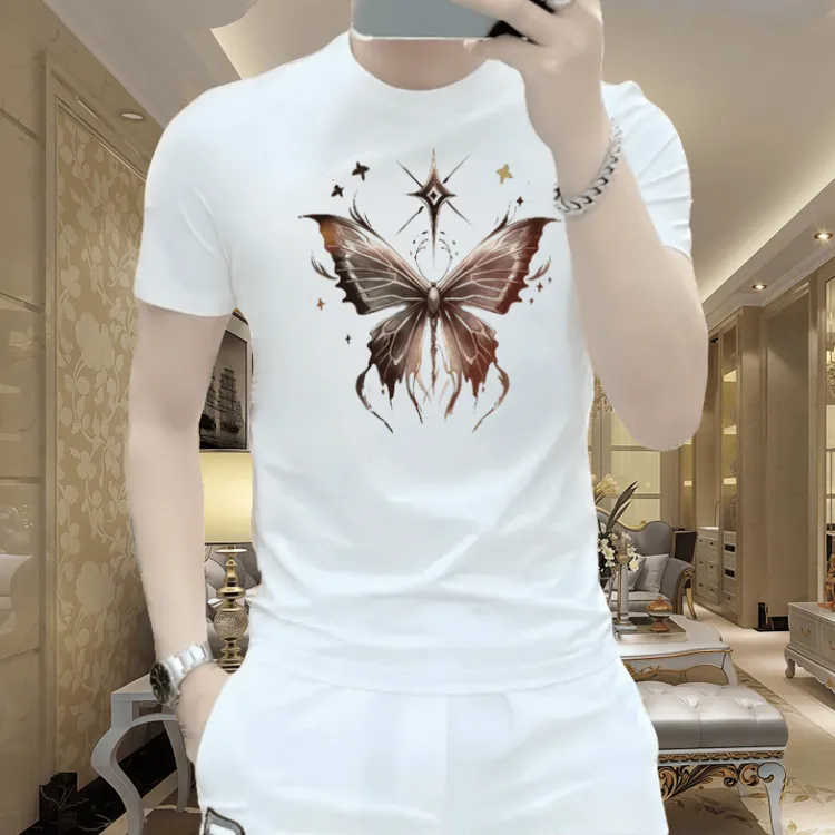 男士百搭修身短袖T恤新款印花高档冰丝圆领休闲潮流轻奢个性上衣T