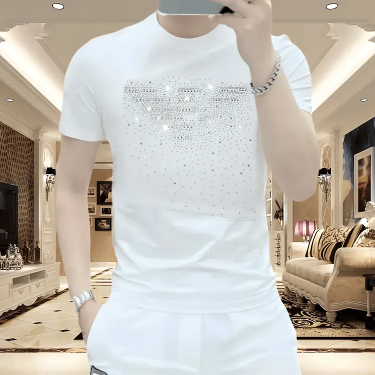 新款冰丝烫钻满天星短袖t恤男士夏季潮流时尚百搭圆领高品质修身T