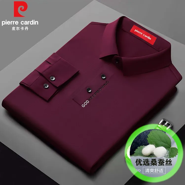 皮尔卡丹桑蚕丝男士男款恤长袖春秋新款中年翻领无痕免烫高档衫