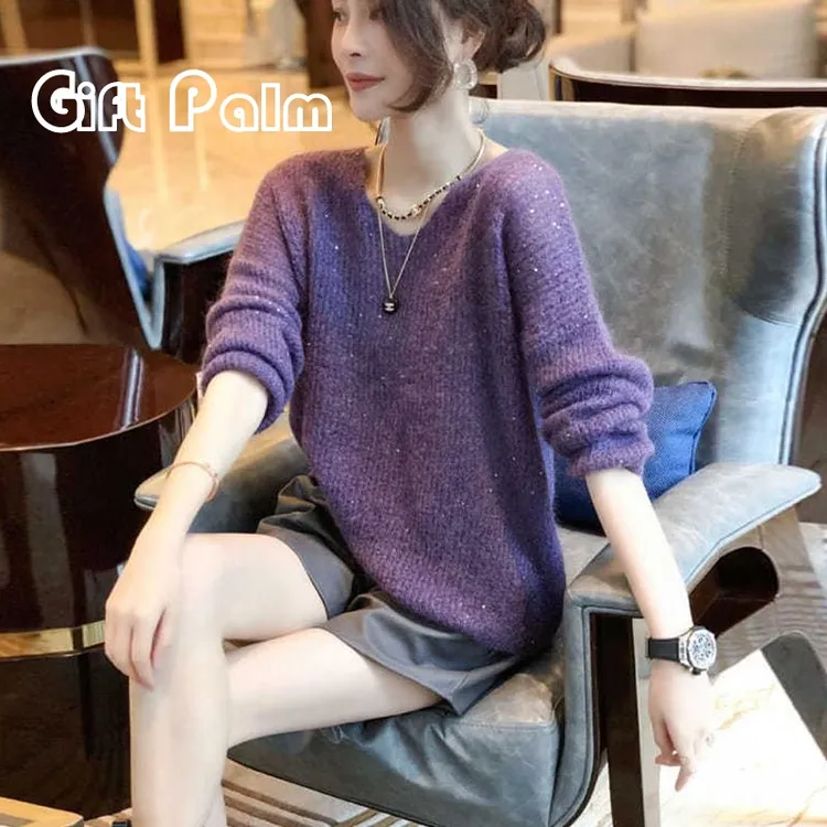 GiftPalm时尚亮片V领毛衣2024秋季轻奢气质百搭外穿羊绒上衣女