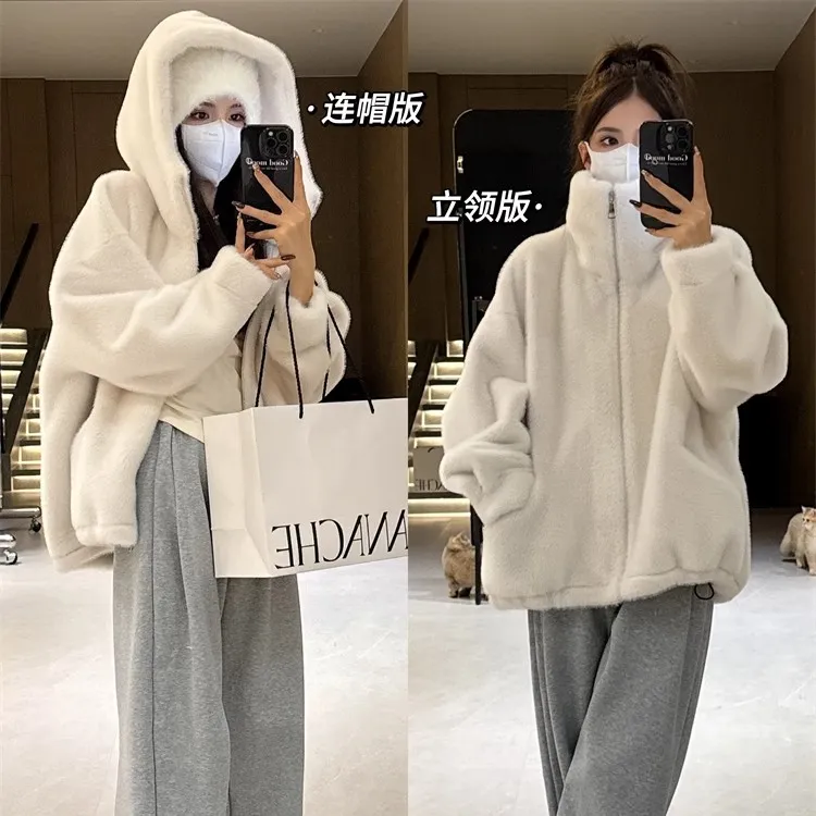 皮毛一体毛毛外套女2024海宁新款连帽冬季休闲宽松水貂绒加厚大衣