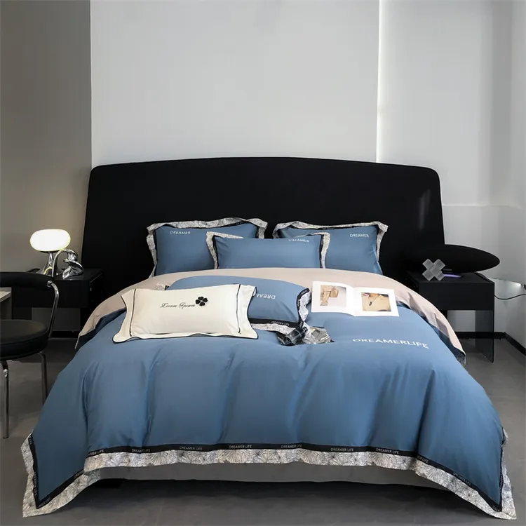 高档纯棉四件套轻奢高级感全棉刺绣拼边床单被套床上用品2024新款